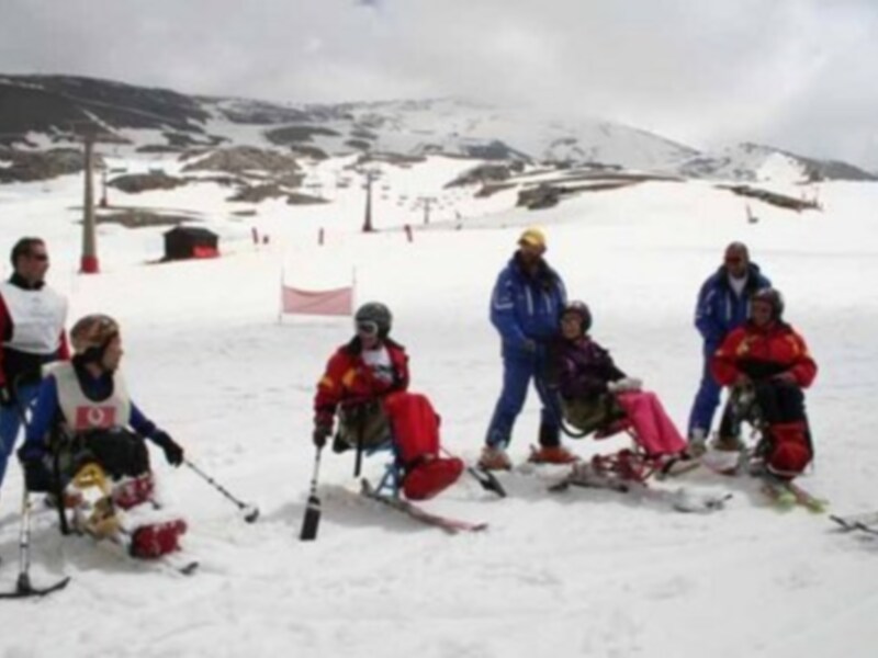 Un grupo de personas disfrutando del esquí en una estación de esquí. Los niños están aprendiendo a esquiar, mientras que los adultos observan y ayudan. La nieve cubre el paisaje y las montañas se pueden ver en el fondo, con un cielo nublado.
