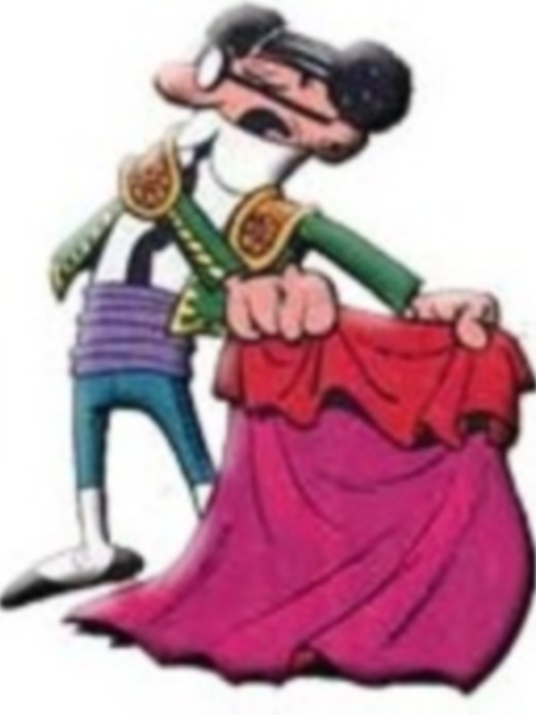 Asterix, el personaje de la serie cómica, se viste con un traje tradicional español y sostiene una saya roja.