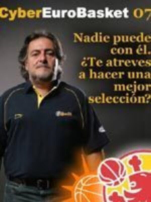 Un hombre con una camiseta de baloncesto y una sonrisa, posando en un fondo azul con el texto "CyberEuroBasket 07".