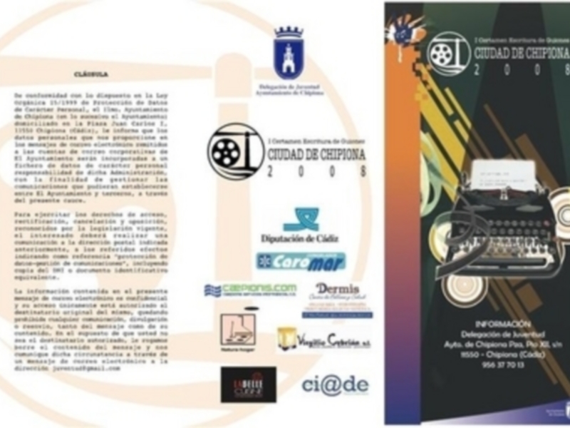 Un folleto informativo sobre la ciudad de Chipiona, con detalles como el logo municipal y información sobre eventos culturales.