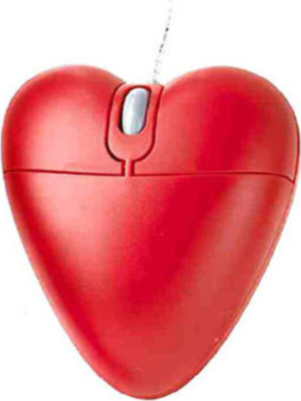 Una pequeña y adorable ratón USB en forma de corazón rojo, con un botón central para controlar la navegación.