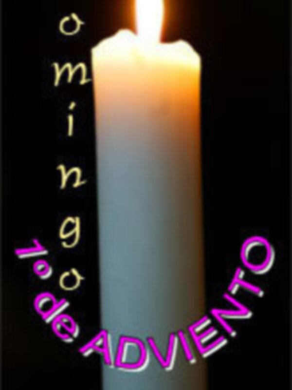 Domingo 7° de Adviento. Imagen con una vela encendida en el centro, iluminando un fondo negro. Texto en letras doradas y moradas que se desvanecen hacia la parte superior del foto.