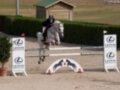 Un jinete monta un caballo blanco que salta sobre una barra de obstáculo en un campo de equitación. El caballo y el jinete están en medio del salto, con un segundo obstáculo a la izquierda y una señal de Lexus Sevilla en el fondo.