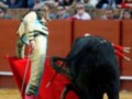 Un torero en traje tradicional se enfrenta a un toro negro en una plaza de toros. El torero sostiene un capote rojo, mientras el toro se prepara para atacar. La arena es de tierra y los espectadores observan desde las gradas.