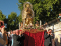 Una procesión religiosa con una imagen venerada, rodeada de flores y acompañada por fieles.