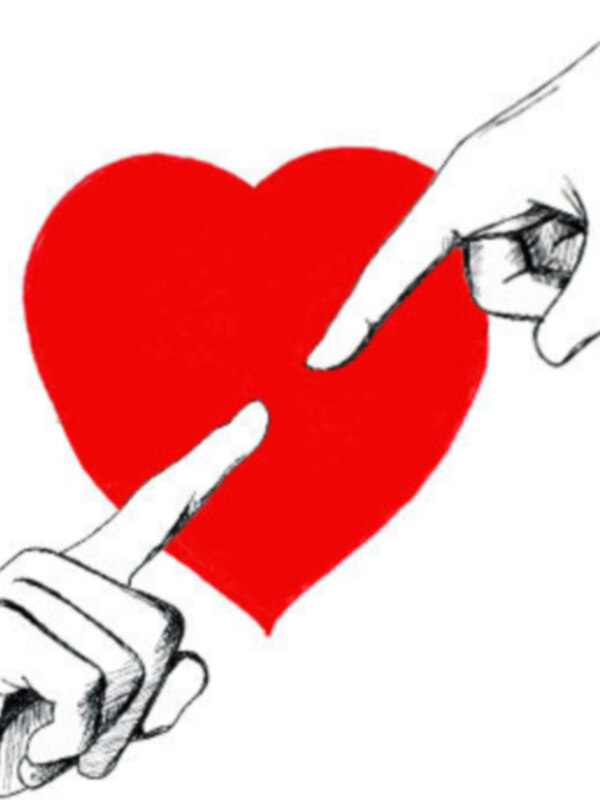 Dos manos dibujadas, una con un corazón rojo y otra sosteniendo la punta de la mano que sostiene el corazón. Representa una acción de donación o entrega de amor.