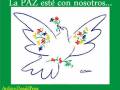 Dibujo de una paloma con alas abiertas y plumas decoradas con flores y símbolos de paz, sobre fondo verde. Texto en español: "La PAZ esté con nosotros..." Archivo: DonaldPress