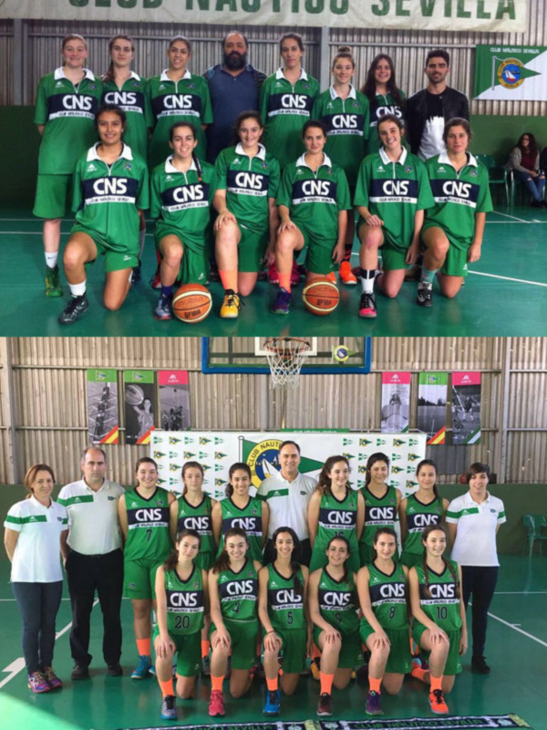 Equipo femenino de baloncesto del Club Náutico Sevilla, vestido con uniformes verdes y blancos.