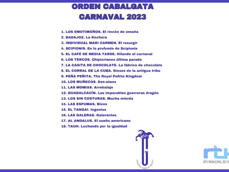 Orden de cabalgata del Carnaval de Chipiona 2023, con nombres de comparsas y grupos participantes.