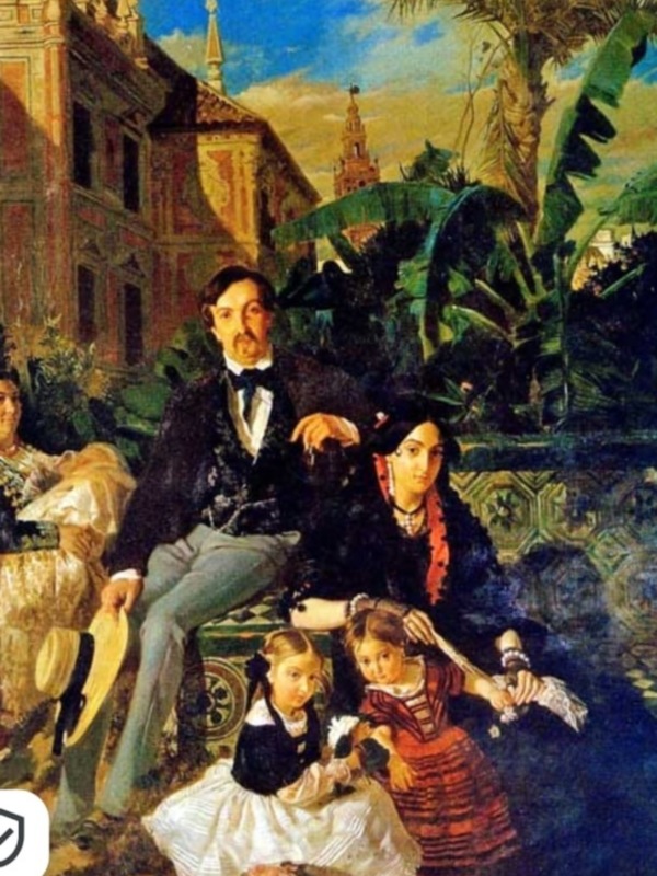 Pintura histórica que muestra a una familia sentada en un patio con arquitectura colonial y vegetación tropical.
