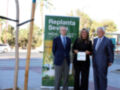 A tres personas posando frente a un cartel que anuncia "Replanta Sevilla" y "Noox". El cartel está ubicado en una calle con árboles y edificios al fondo. La escena parece ser parte de una iniciativa o evento relacionado con la reforestación en Sevilla.