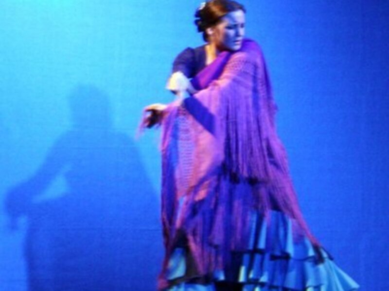 Danza flamenca con vestimenta tradicional y pañuelo de color púrpura en escenario iluminado con luz azul.