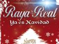 Tarjeta navideña con texto 'Raya Real', 'Ya es Navidad', y 'Nuevos Villancicos', árbol de Navidad y copos de nieve en rojo.