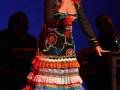 Una mujer en un vestido flamenco colorido y elaborado, posando con una expresión seria.