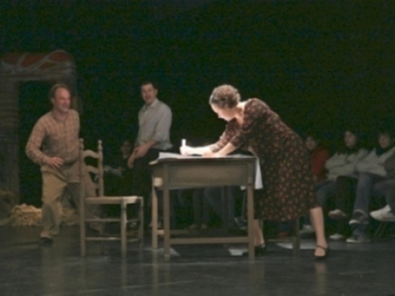 Una escena teatral con una mujer escribiendo en un escritorio mientras otros actores observan. La escena se desarrolla en una iluminada sala de teatro con un fondo que parece ser una casa.
