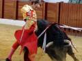 Un torero en traje de luces rojo y dorado lucha con un toro negro en una plaza de toros.