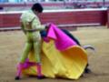 Un torero en el centro de la plaza de toros, con un capote de colores brillantes en acción.