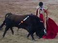 Un torero en traje de luces con capa roja maneja un toro en una plaza de toros.