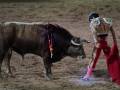 Un toro y un matador de toros en una plaza de toros.