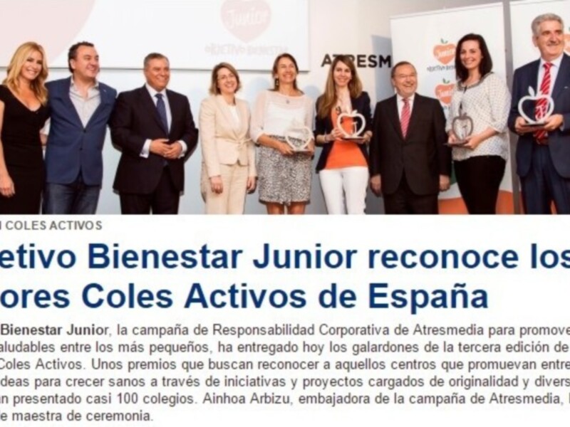 El colegio Maestro Manuel Aparcero de Chipiona recoge el premio OBJETIVO BIENESTAR JUNIOR , otorgado por el Grupo Atresmedia de Antena 3 televisión por las actividades realizadas dentro de los proyectos de hábitos saludables