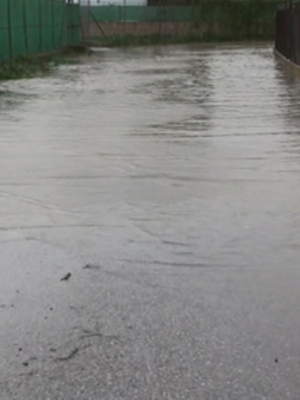Un camino de tierra cubierto por agua después de la lluvia, con una cerca y vegetación en el fondo.