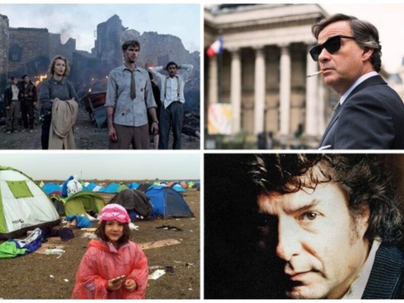 Una collage que muestra escenas de desastre, una figura formal, un campamento y una persona en primer plano.