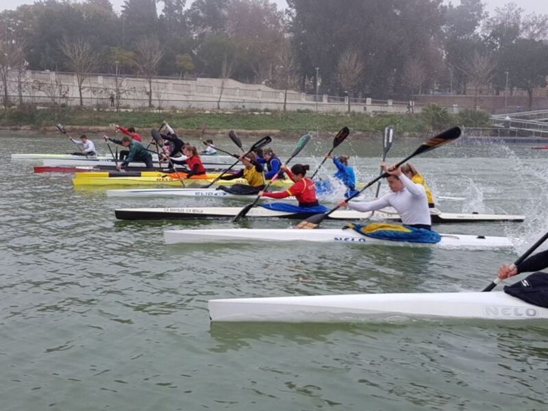 Equipo de kayak en competencia, remando en un río con un paisaje de árboles y muro al fondo.