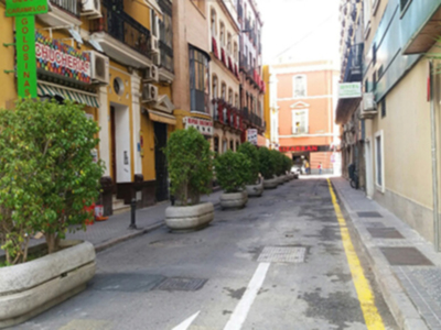 Una calle estrecha y desierta en un entorno urbano. Hay edificios de varios pisos con ventanas y balcones, algunos con toldos. La calle está asfaltada y tiene una línea amarilla en el medio, con plantas verdes en macetas a lo largo de la calle. La atmósfera es tranquila y el lugar parece ser un barrio residencial o comercial.
