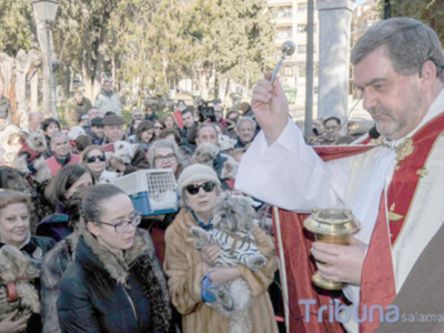 Un sacerdote bendice a un grupo de personas y perros en una procesión pública.