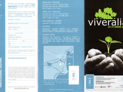 Una imagen de un folleto informativo sobre Viveralia, evento profesional en Tenerife el 29-31 de febrero de 2019. La portada muestra un árbol y una mano sosteniendo tierra, simbolizando la creación de nuevas oportunidades. El folleto contiene información sobre servicios profesionales, como asesoría y formación, así como detalles del evento.