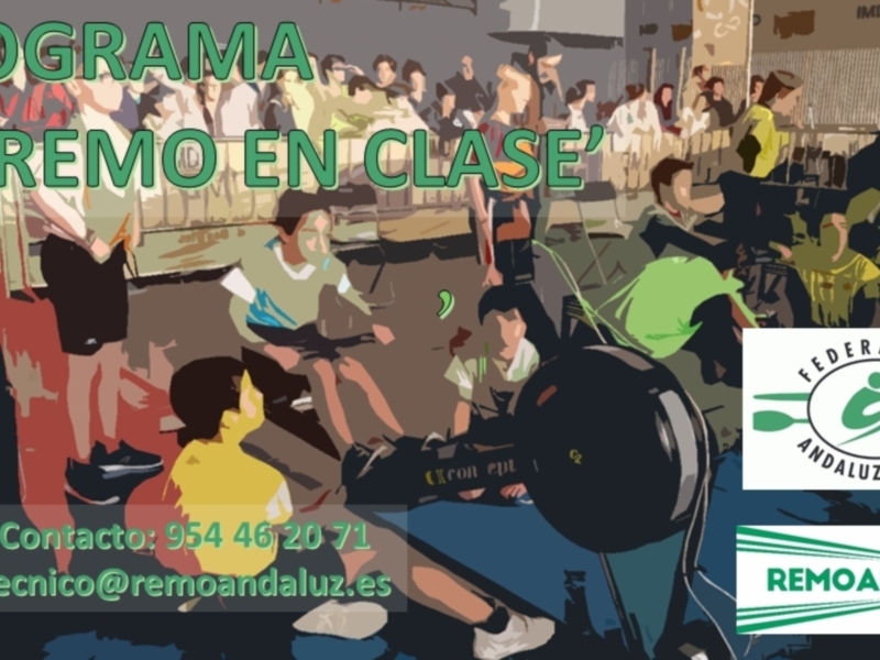 Ilustración de una reunión de remo con personas sentadas y logo de la Federación Andaluza de Remo.