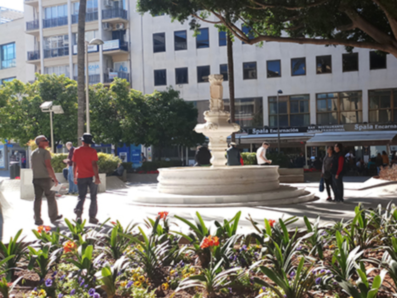 Plaza con fuente, flores y edificios en el fondo, un ambiente urbano tranquilo.