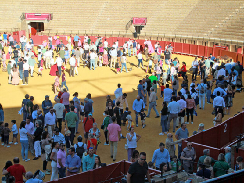 Todos los aficionados taurino pudieron participar en un taller de toreo de salón en el ruedo de la Real Maestranza