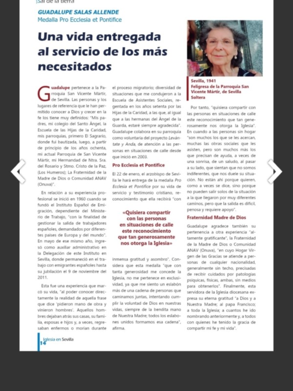 La revista "Iglesia en Sevilla" semanario de nuestra Archidiócesis recoge en sus páginas una semblanza de Guadalupe Salas