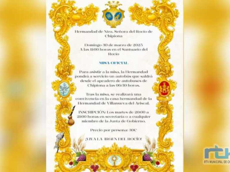 La Hermandad del Rocío de Chipiona celebrará el domingo 30 de marzo en Almonte su misa oficial 