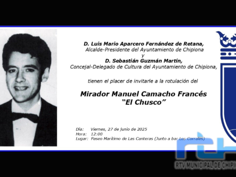  Mañana viernes 27 de junio a las 12:00 horas tendrá lugar en el Paseo Marítimo de Las Canteras el acto de rotulación del Mirador Manuel Camacho