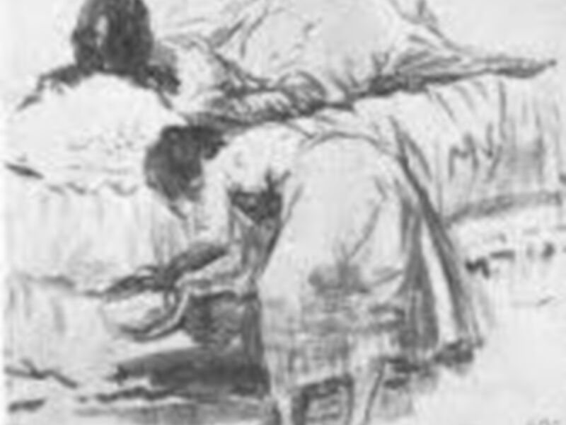 Dibujo antiguo de una escena pastoral, con dos personajes en un paisaje rural.
