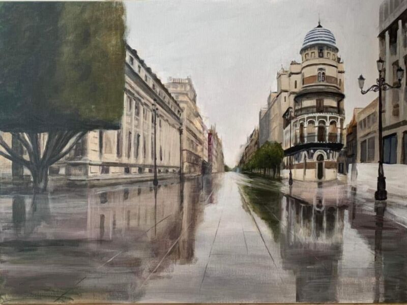 Dibujo de una calle con edificios altos y un puente en el centro. La imagen parece reflejarse en el agua, creando una ilusión de doble exposición.